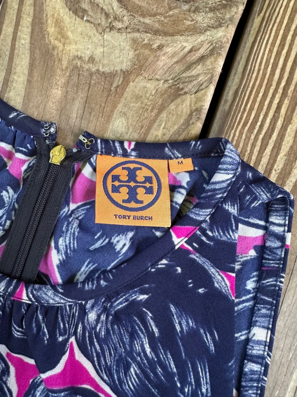 Tory Burch Abstract Print Tie Waist Midi Dress Navy Pink M NWOT